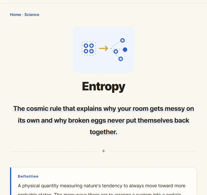 The top of the entropy article, with its one-line analogy and the definition box