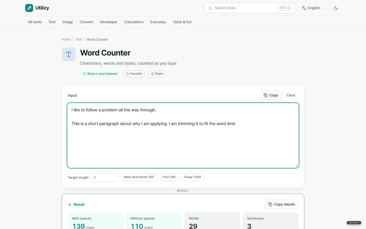 The Word Counter with a sample paragraph, showing counts with and without spaces, words and sentences