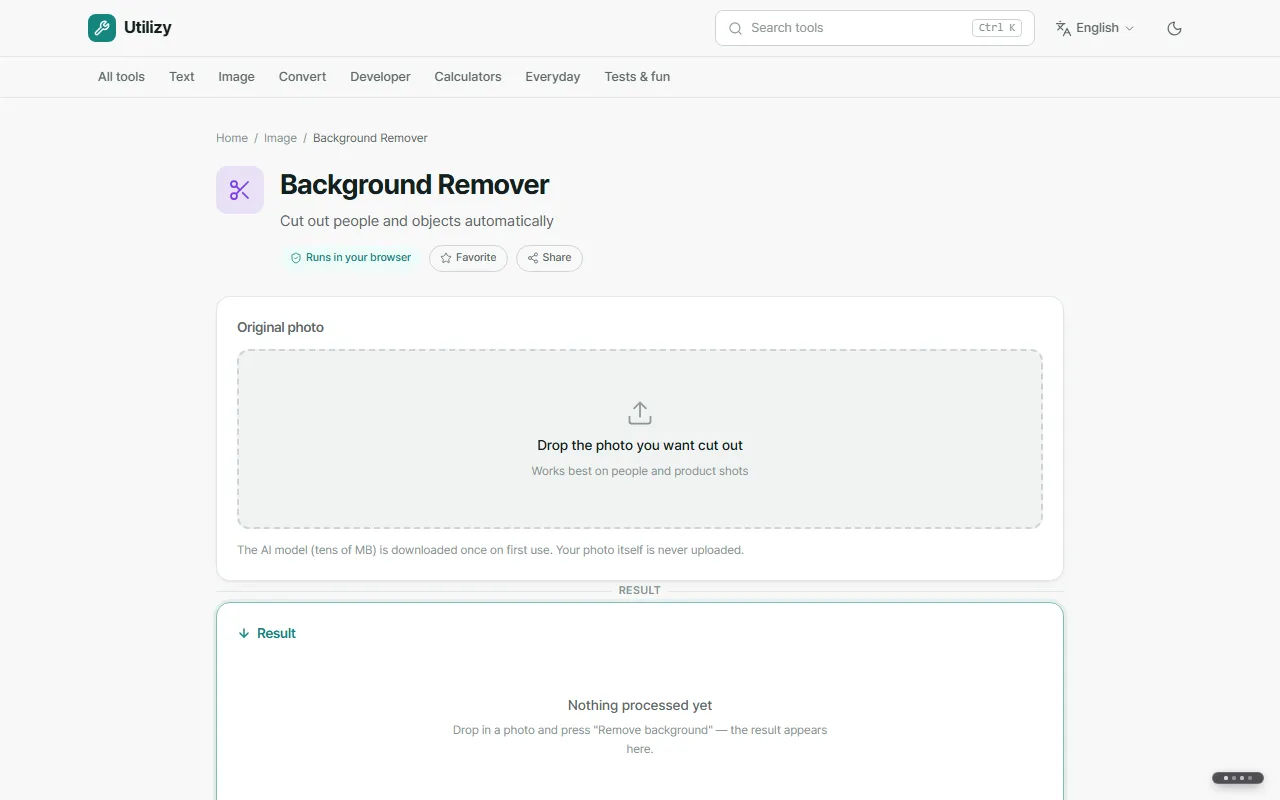 The Background Remover before a photo is added, with the upload area and the Runs in your browser label