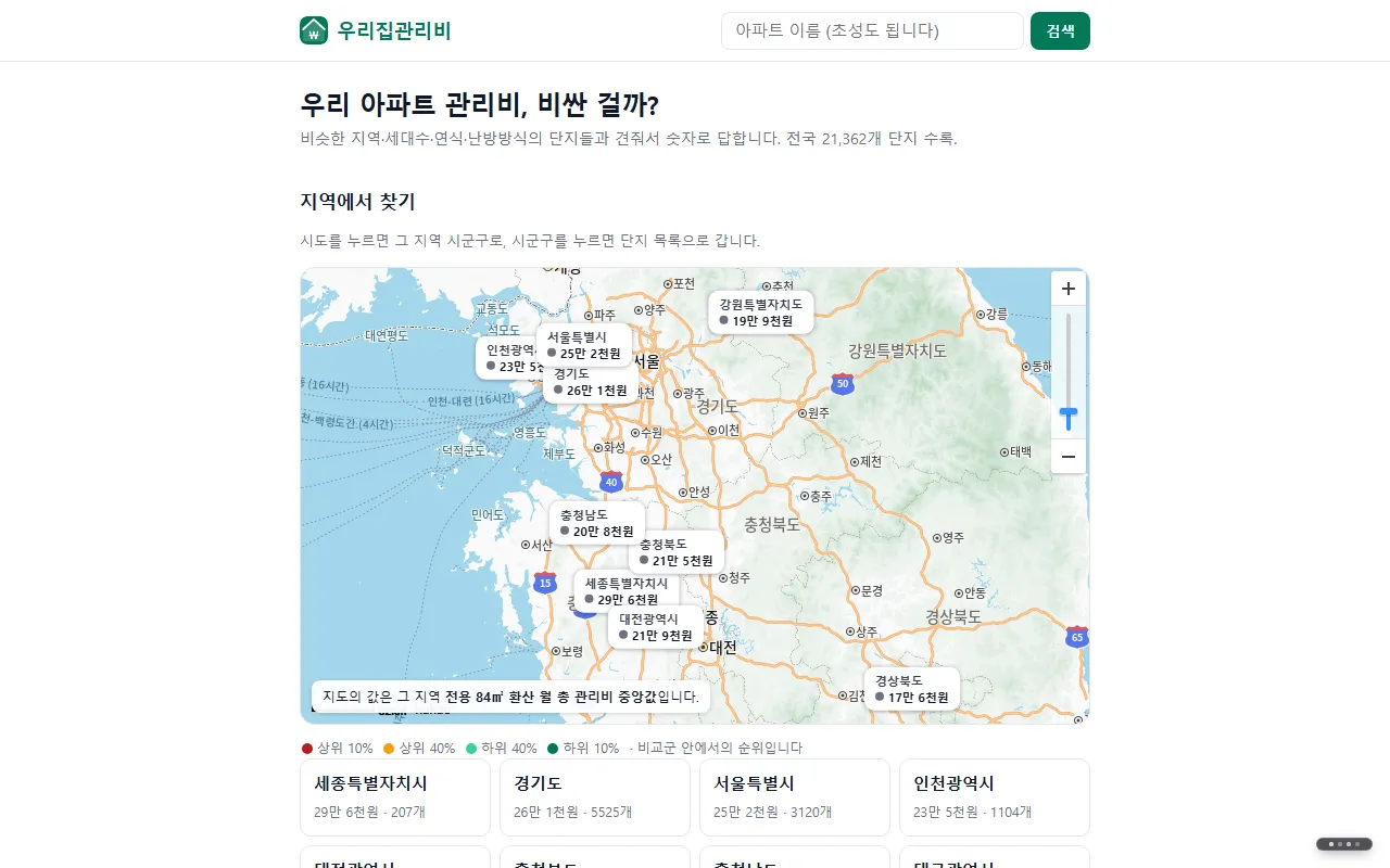 우리집관리비 첫 화면. "우리 아파트 관리비, 비싼 걸까?" 제목과 지역별 관리비 지도가 보입니다